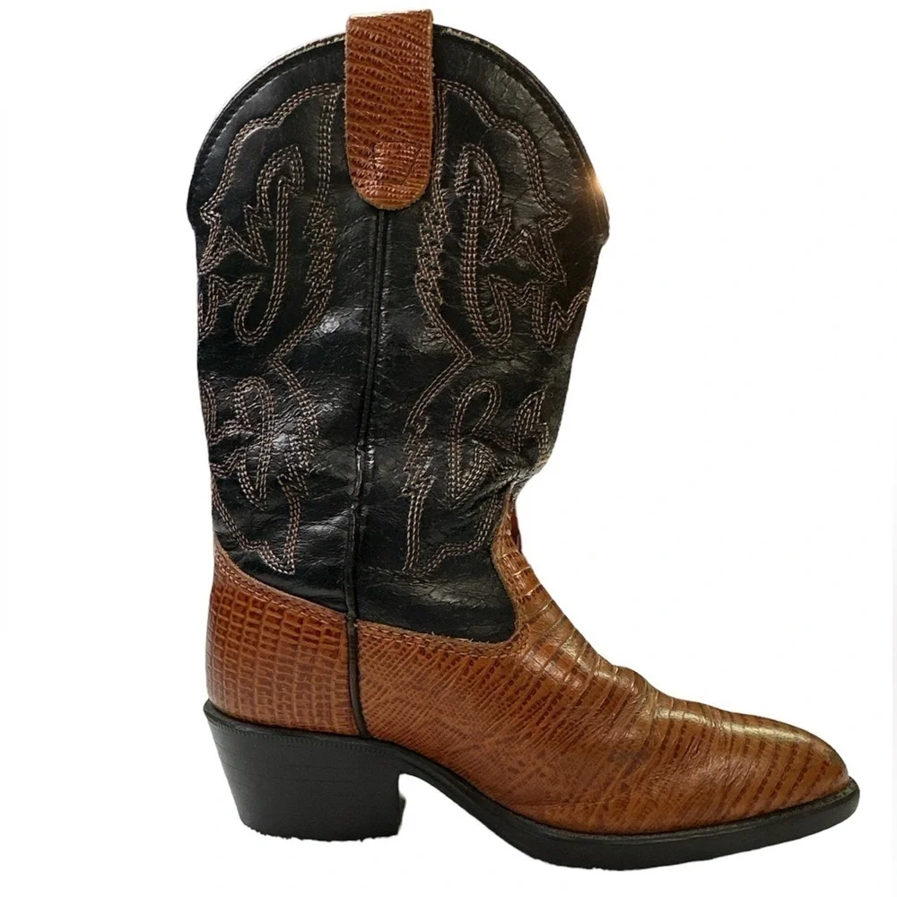 Texas Kids Leather Rodeo Cowboy Boot Equestrian Western Tan/Black Size 9